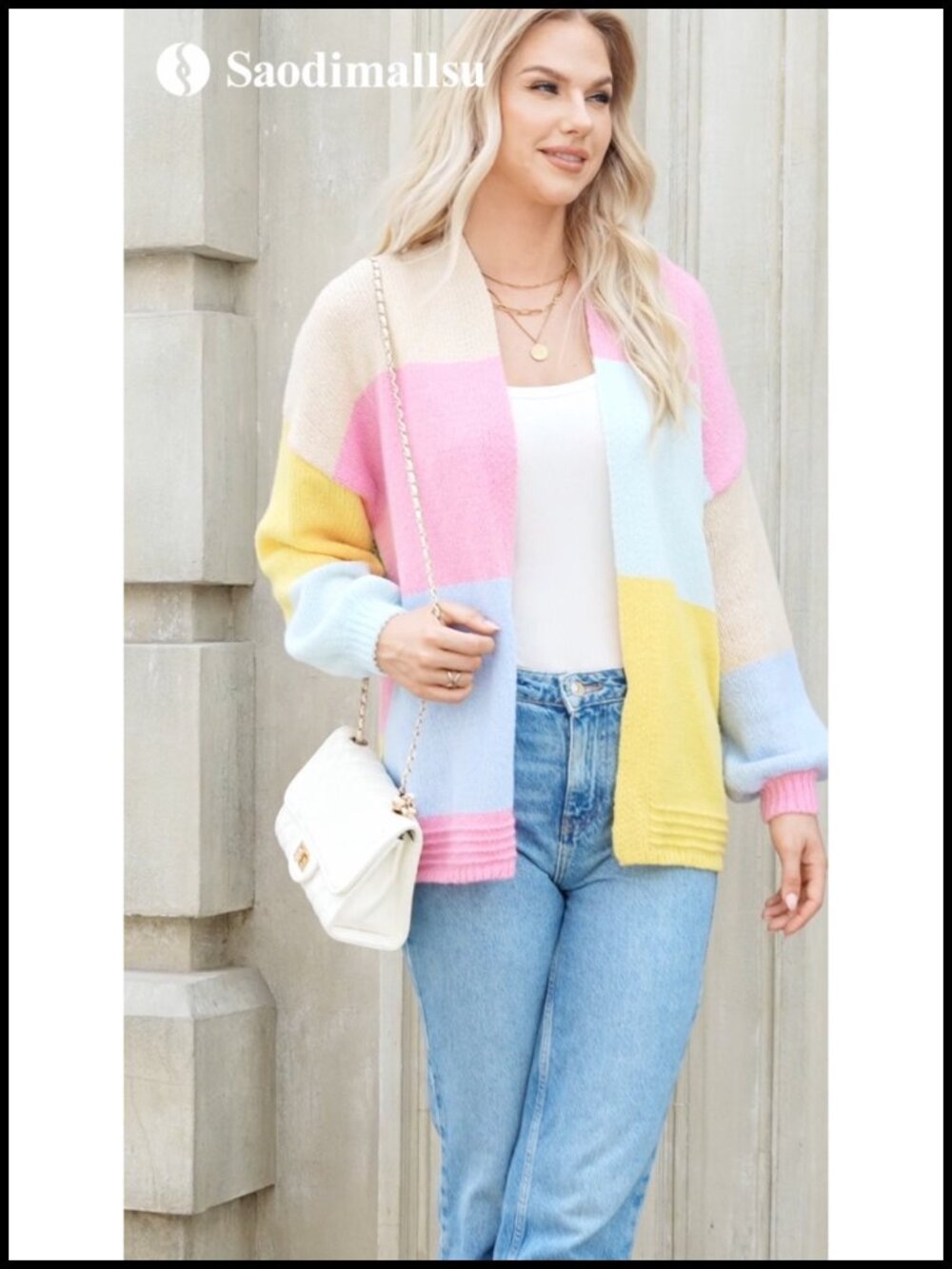 Women's Chunky Knit Cardigan Open Front Color Block Long Sleeve Oversized - Picture 6 of 6